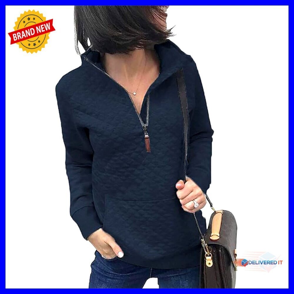 Quilted Pattern Lightweight Zipper Pullover Long Sleeve Relaxed Fit Casual